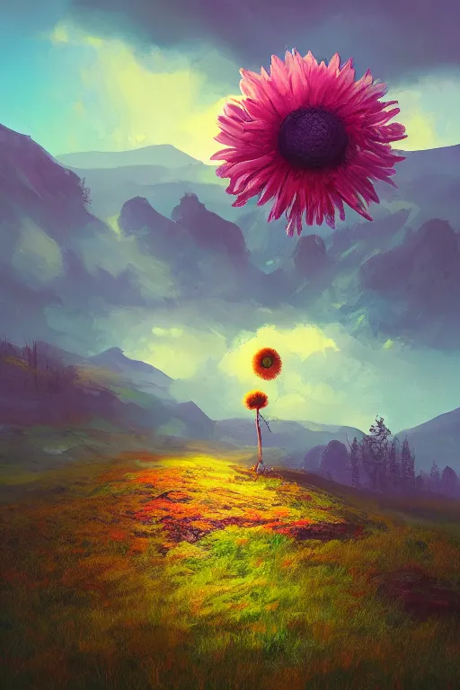 Image similar to giant daisy flower head, in the mountains, surreal photography, sunrise, dramatic light, impressionist painting, colorful clouds, digital painting, artstation, simon stalenhag