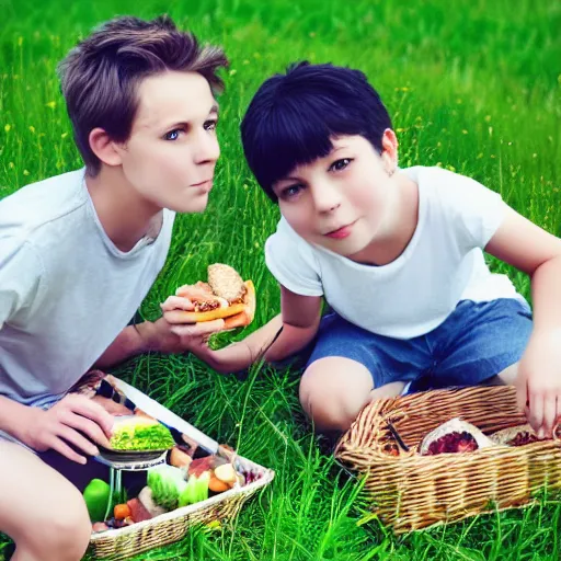 Prompt: a boy and a girl having a picnic in a beautiful field, aesthetic, beautiful, symmetrical face, vfx, 8 k, aesthetic