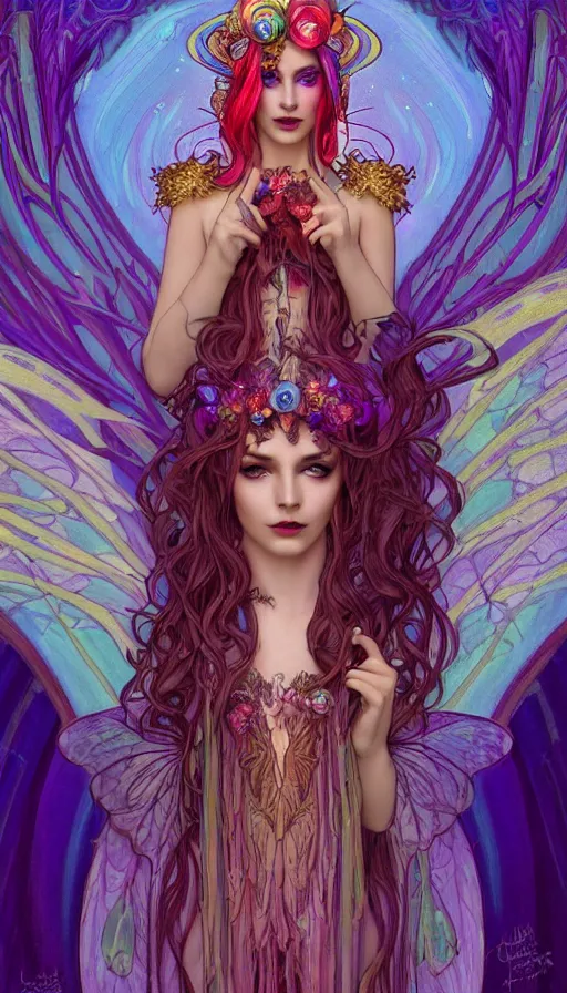 Image similar to a colorful and provenance and stunningly beautiful female faerie priestess in amanita muscaria forest landscape, symmetrical wings on back, neon hair, fantasy art, wearing a dress of gossamer gold, dark light night, sharp focus, digital painting, 4 k, concept art, art by charlie bowater and alphonse mucha, brom, face by otto schmidt