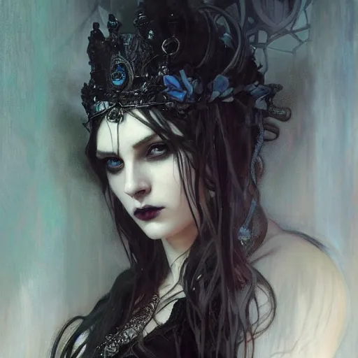 Image similar to dark goth queen by jeremy mann and alphonse mucha, fantasy art, photo realistic, dynamic lighting, artstation, poster, volumetric lighting, very detailed faces, blue eyes, 4 k, award winning dark, goth, queen, dark fantasy, hyperrealistic portrait, art of elysium, full figure, very detailed face, 4 k, award winning,