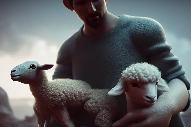 Prompt: biblical able holding a lamb, volumetric lighting, epic composition, hyper detailed, ultra realistic, sharp focus, octane render, volumetric, ray tracing, artstation trending, sense of awe, 4 k