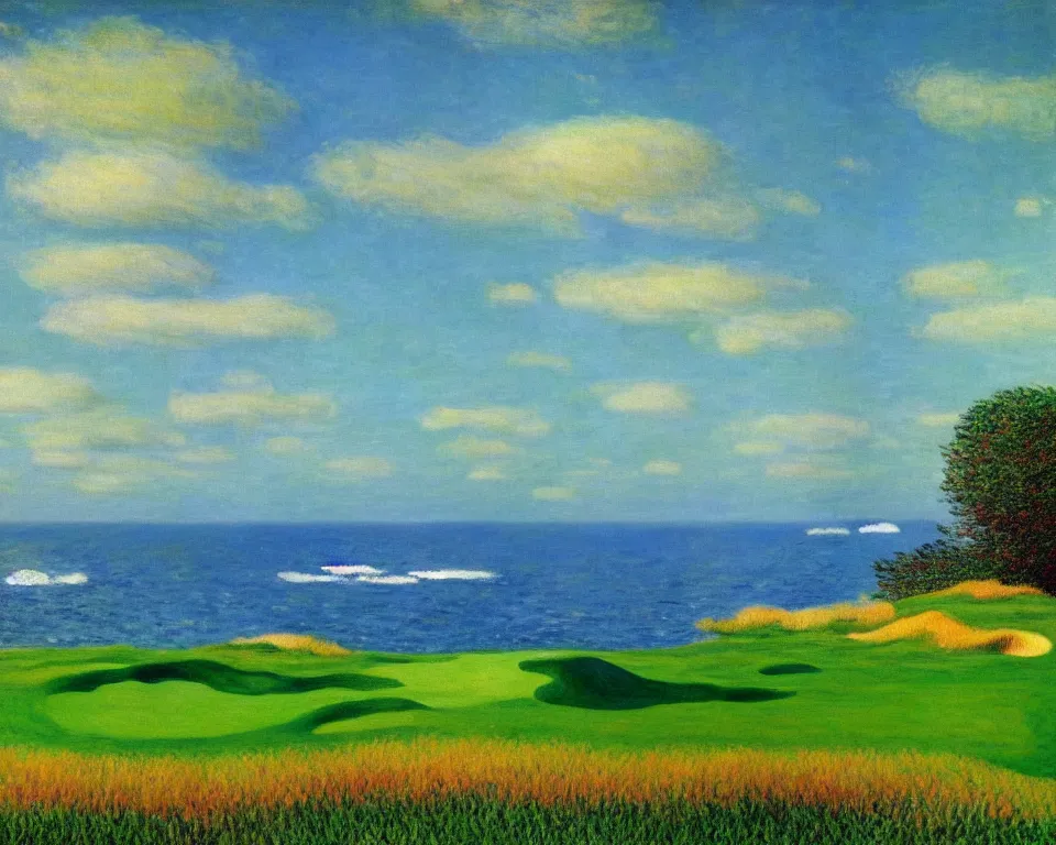 Prompt: achingly beautiful painting of pacific dunes course by rene magritte, monet, and turner.