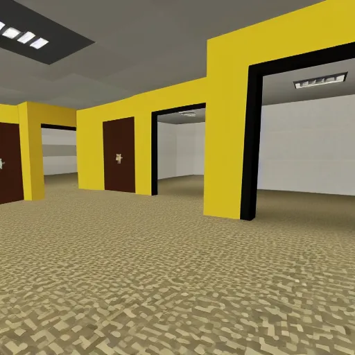 Image similar to empty 9 0 s office building with no windows doors or furniture in minecraft, the building has brown carpet and yellow wallpaper