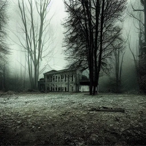 Prompt: abandoned hospital in the woods, dark, moody, gloomy, by Gregory Crewdson,