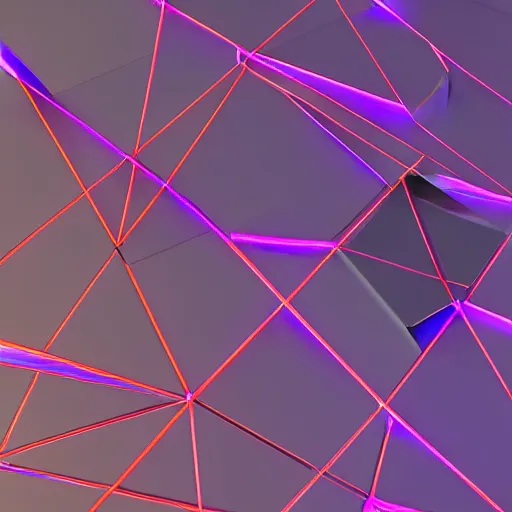 Prompt: rendering of simple angular geometric shapes with sharp edges, the shapes are made of dark orange glass, pebbled surface, lasers, caustics!!, small fluorescent tube lights illuminate the shapes, cool purple grey lighting, cgi, masterwork, instagram, 3 d design, advertising visualization, splash page, widescreen 4 k