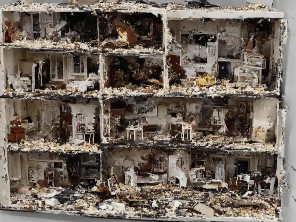 Image similar to a dollhouse exploding, news footage