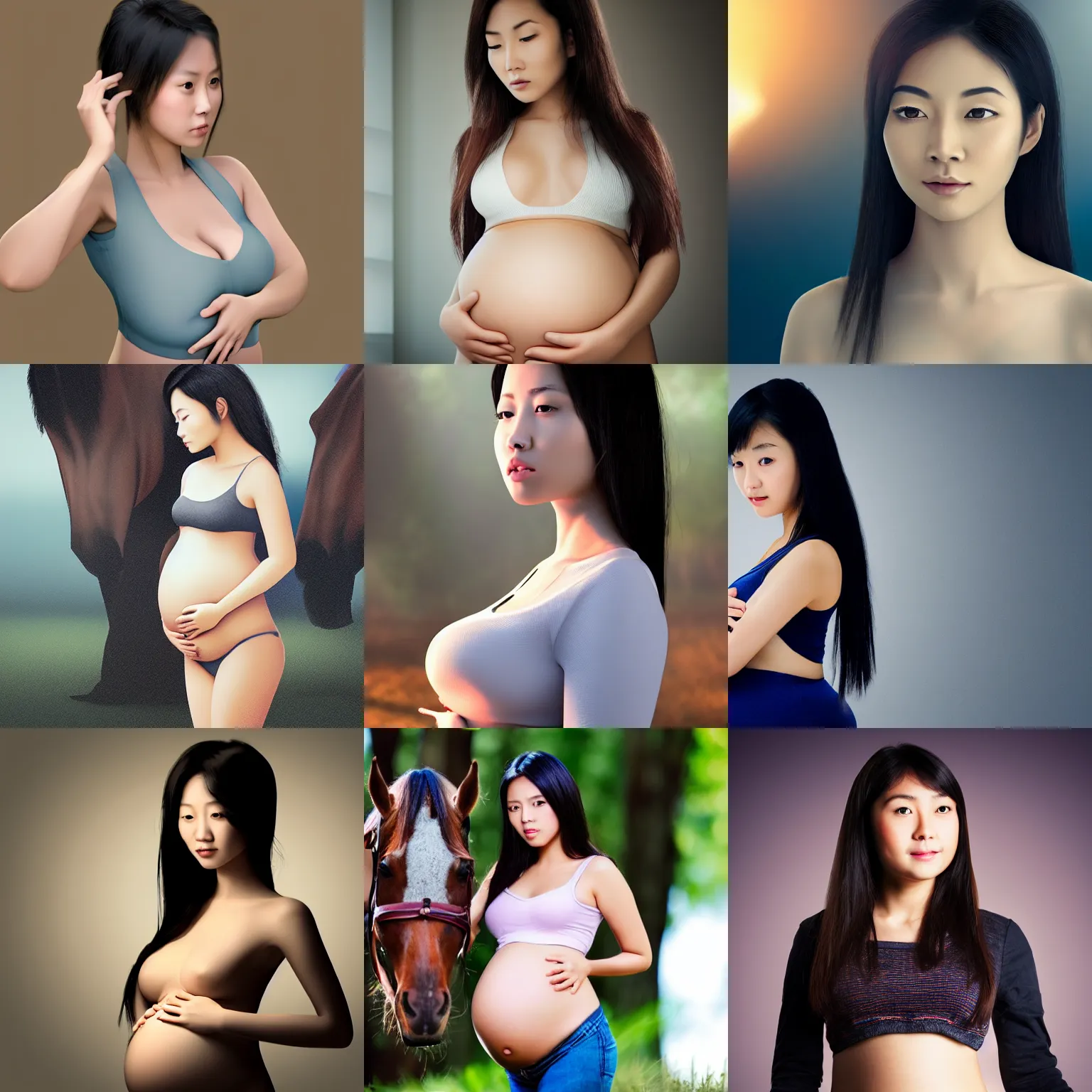 Prompt: beautiful asian girl pregnant with horse, symmetrical face, volumetric lighting, realistic, focus on belly