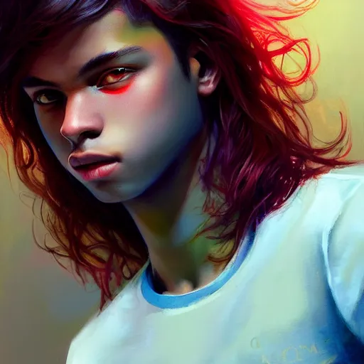 Image similar to colorful and festive captivating teenager with straight brown hair covering his eye, dark skin, big lips, big eyes, wearing a red t - shirt. rich vivid colors, ambient lighting, dynamic lighting, 4 k, atmospheric lighting, painted, intricate, highly detailed by charlie bowater