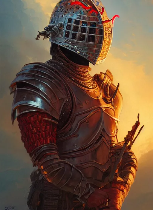 Image similar to highly detailed portrait of knight's helmet reflecting red dragon reflection detailed, 8 k blocking flames fire, green eyes, fantasy art by by simon bisley, loish, rhads, ferdinand knab, makoto shinkai and lois van baarle, ilya kuvshinov, rossdraws, tom bagshaw, global illumination, radiant light, detailed and intricate environment