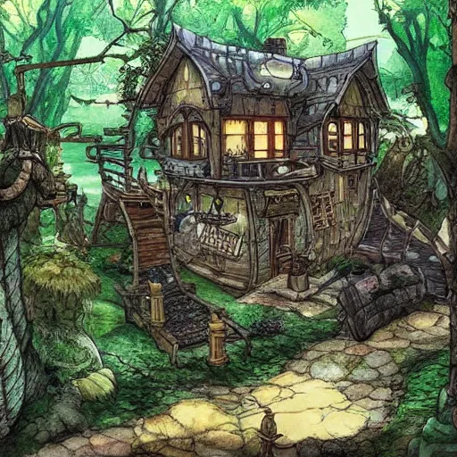 Image similar to Studio Ghibli steampunk cottage in the woods by a stream by Hayao Miyazaki