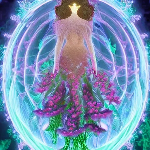 Image similar to glowing delicate flower and mushrooms that grow in a dark fatansy forest on the planet Pandora, an idealistic marble statue with fractal flowery hair in a fractal garden, - W 704