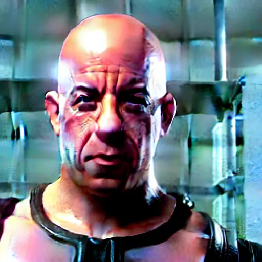 Prompt: vin diesel's disembodied detached head suspended floating inside a glass cylinder full of pink liquid, and the glass cylinder is protruding from a sci - fi computer, looks similar to a hi - fi tube amplifier, zordon from power rangers