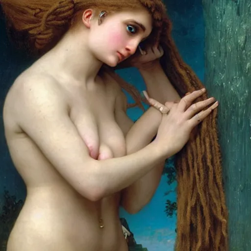 Prompt: intricate detail, hyper detail, drunk woman, very tired, wearing full body mans suite, hazel green eyes, teal eyebrows, with aqua neon rapunzel dreadlocks, detailed, by h. r. giger and bouguereau, masterpiece, sharp focus,