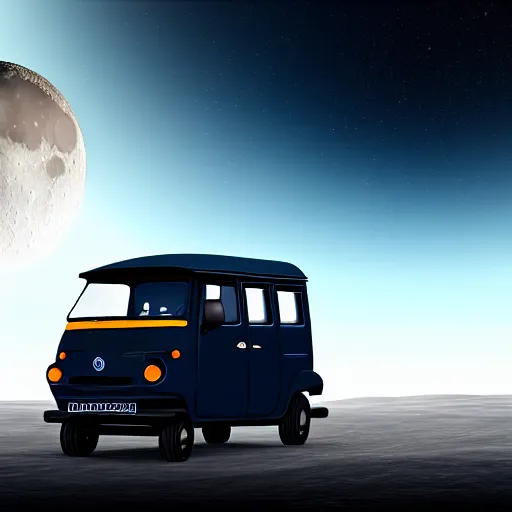 Image similar to a dark blue tuk tuk traveling on the surface of the moon, moon craters, black sky, hard science fiction, milky way, moon, matte painting, concept art, 4k