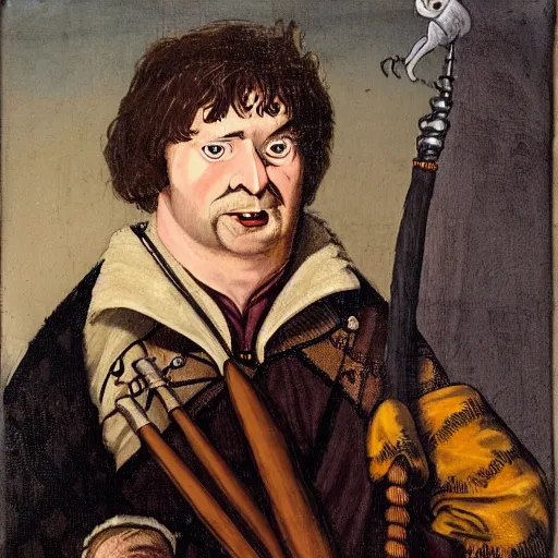 Prompt: a realistic 1 7 th century portrait of harry potter, a man with scottish features and exceptionally large bagpipes wearing quilts and wielding a wand. very pale, with a large pointy nose. hagrid in the background and hedwig on his shoulder