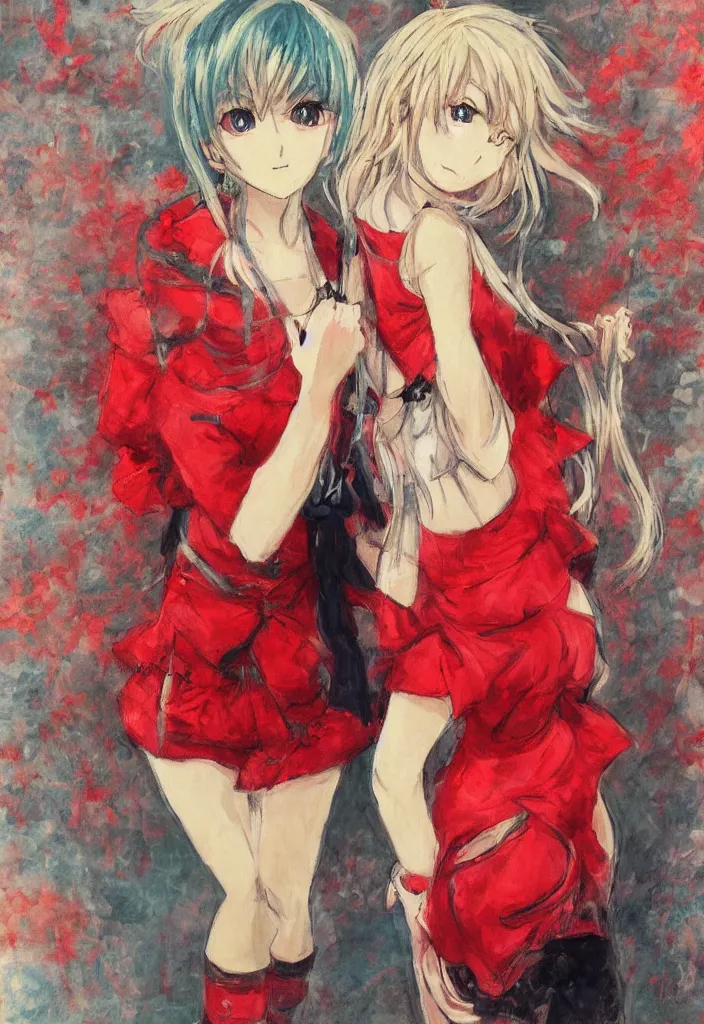 Image similar to medium shot portrait, a cute red outfit, tokyo anime scener, very anime in impressionist style, anime trending artwork, anime painter studio, by claude monet