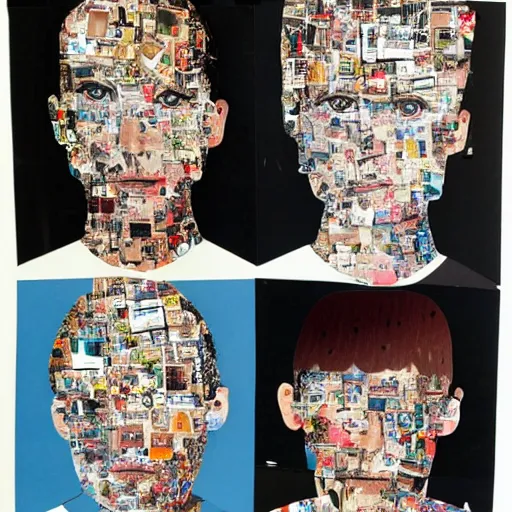 Image similar to a head-shaped chaotic collage made out of fragments of printed images taken from the internet, fashion magazines, and family photographs all coming together to form a hybrid face shape with twisted features in the Dadaesque style, mixed media