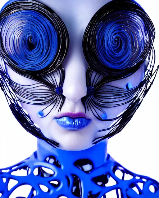 Image similar to symmetrical close - up portrait of a woman wearing a translucent silicone beauty mask and blue hair, wearing a black bodysuit by alexander mcqueen, plastic translucent flowers, black background, soft diffused light, biotechnology, humanoide robot, bjork aesthetic, translucent, intricate details, highly detailed, masterpiece,