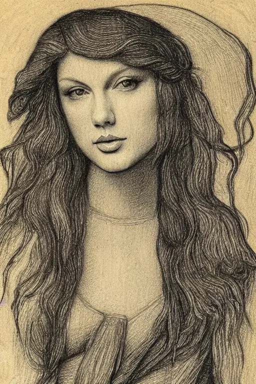 Prompt: a portrait of taylor swift in the style of leonardo da vinci drawing,, single head, no double head,