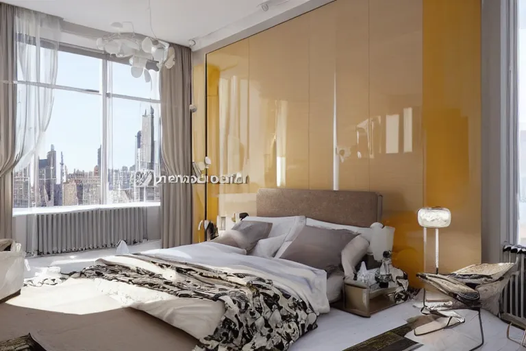 Image similar to A sunny bedroom, exquisite decoration, all New York Apartments style furniture, high tech