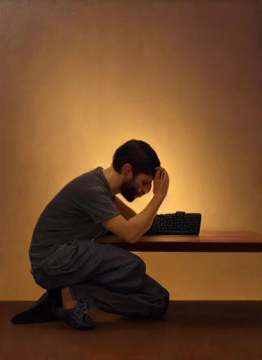 Prompt: insanely detailed chiaroscuro image of a sleepy - looking programmer guy on his knees facing his glowing ultrawide monitor begging it for forgiveness, oil on canvas, masterwork, fine detail, trending on artstation, emotive, insanely compelling, ryden, koons, moebius