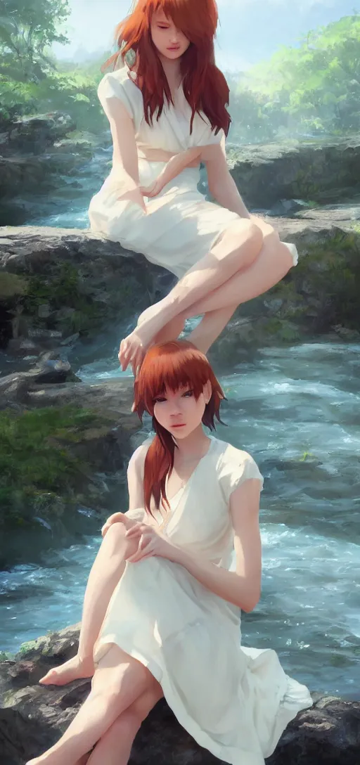 Image similar to southern ginger woman in simple cream dress sitting beside a river, airbrushed, hazy, gentle, soft lighting, wojtek fus, by makoto shinkai and ilya kuvshinov,