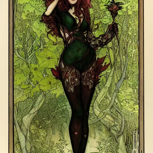 Image similar to a beautiful and detailed tarot card of a seductive poison ivy dressed as a lawyer in the big city, dark eyeliner, intricate, elegant, highly detailed, digital painting, artstation, concept art, matte, sharp focus, illustration, art by rebecca guay and by arthur rackham and by alphonse mucha and by john william waterhouse