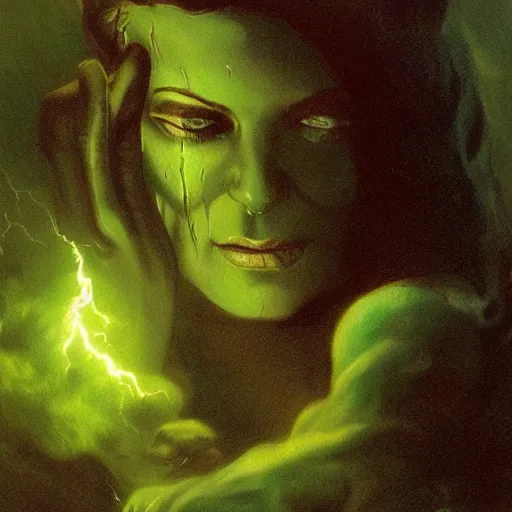 Image similar to ultra realistic portrait painting of a glowing green ghost in a cemetery, art by frank frazetta, vintage levi ’ s ad, stormy weather, dark vibes, 4 k, ultra realistic, highly detailed, epic lighting