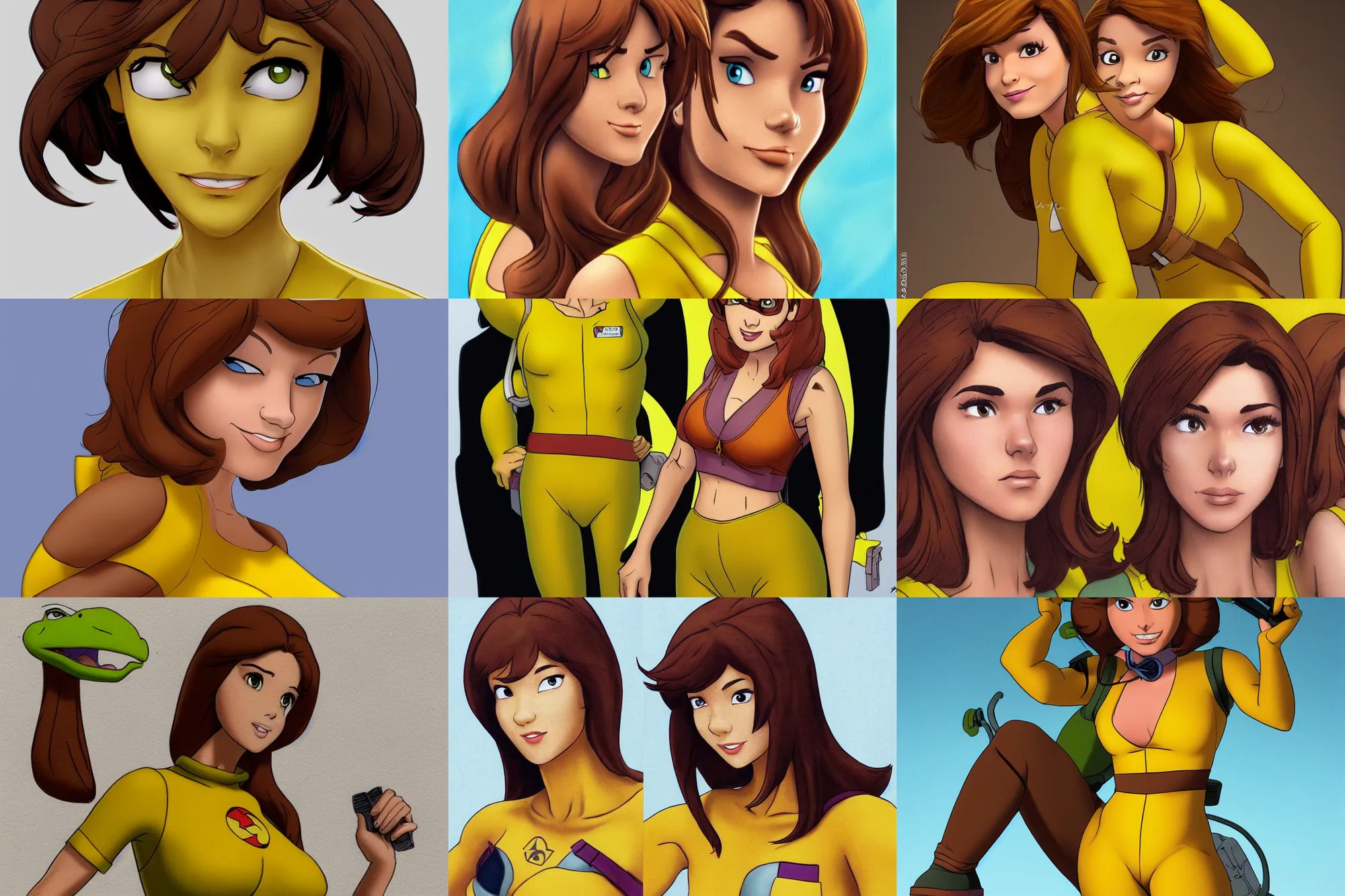 Prompt: beautiful brown hair female reporter in a yellow jumpsuit character april o ’ neil from animated series tmnt 1 9 8 7, hyperrealism, full body photogenic shot, by in the style of animated series teenage mutant ninja turtles 1 9 8 7, cute - fine - face, pretty face, realistic shaded perfect face, fine details by boris valejo, trending on art station