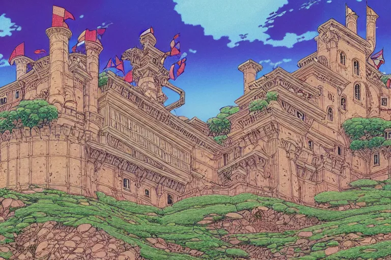 Image similar to establishing shot of a late renaissance castle on an island, key visual with intricate linework, in the style of moebius, ayami kojima, 9 0's anime, retro fantasy, studio ghibli