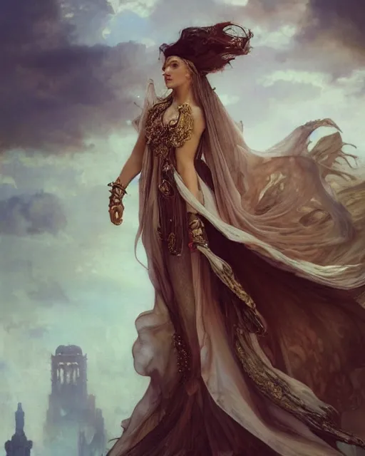 Image similar to a beautiful close up portrait of a sorceress floating on air with elegant looks, flowing robe, ornate and flowing, intricate and soft by ruan jia, tom bagshaw, alphonse mucha, wlop, beautiful roman architectural ruins in the background, epic sky, vray render, artstation, deviantart, pinterest, 5 0 0 px models