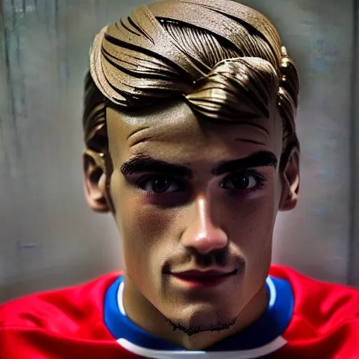 Image similar to “ a realistic detailed photo of a guy who is an attractive humanoid who is half robot and half humanoid, who is a male android, soccer player antoine griezmann, shiny skin, posing like a statue, blank stare, at the museum, on display ”