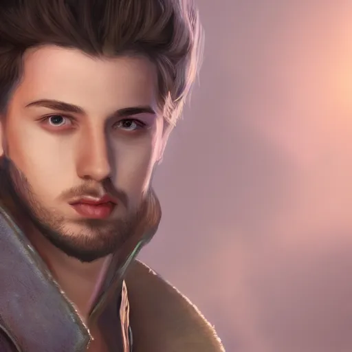 Image similar to a digital art close up portrait of young barnes courtney bard from fantasy world, handsome young man bard with lute character sheet, 4 k, ultra detail, volumetric lighting, unreal engine, octane render