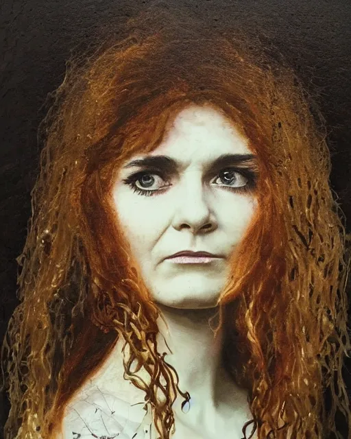 Image similar to a beautiful and eerie baroque painting of a gorgeous young woman who looks like shirley henderson, with wild hair and haunted eyes, 1 9 7 0 s, woodland, afternoon light, mixed media embellishments