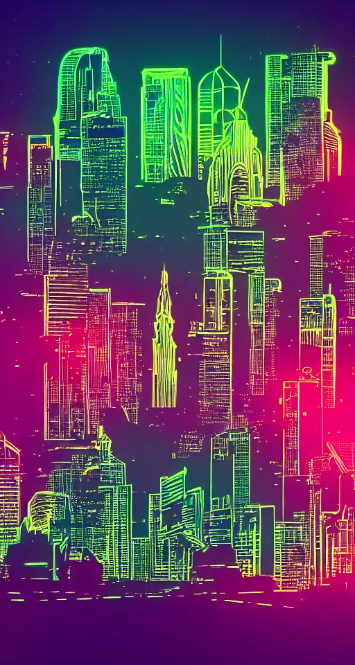 Image similar to city skyline, neon lights, glow, retrowave style