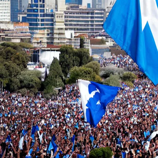 Image similar to Lady Gaga as president, Argentina presidential rally, Argentine flags behind, bokeh, giving a speech, detailed face, Argentina