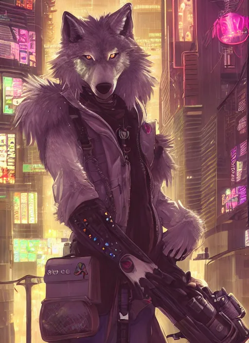 Image similar to character portrait of a male anthro wolf fursona with a tail and a cute beautiful attractive detailed furry face wearing stylish cyberpunk clothes in a cyberpunk city at night while it rains. hidari, color page, tankoban, 4K, tone mapping, Akihiko Yoshida.