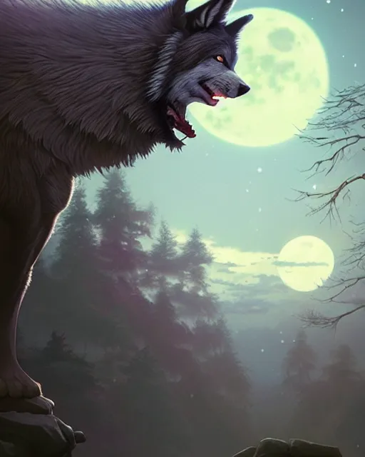 Image similar to highly detailed surreal vfx portrait of a samurai wolf in front of a full moon, stephen bliss, unreal engine, greg rutkowski, loish, rhads, beeple, makoto shinkai and lois van baarle, ilya kuvshinov, rossdraws, tom bagshaw, alphonse mucha, global illumination, detailed and intricate environment