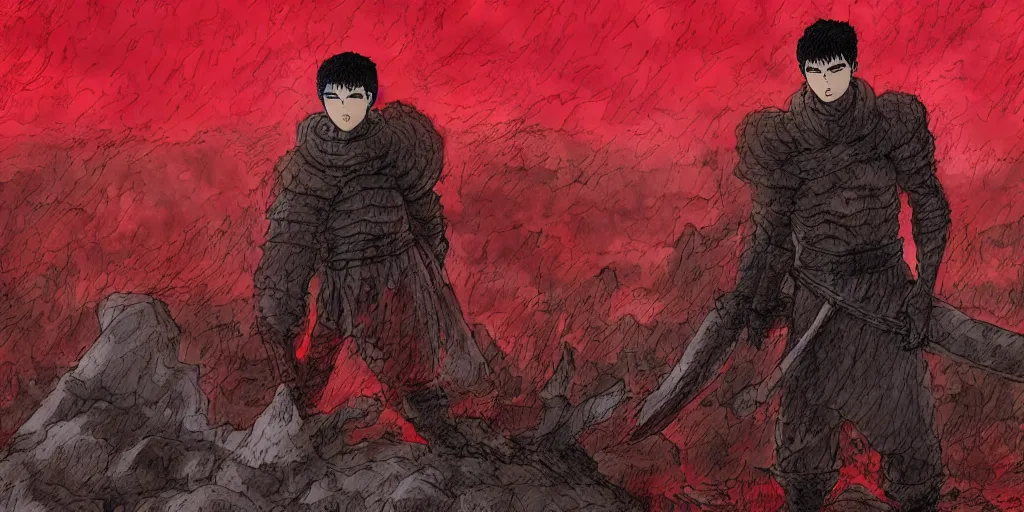 Prompt: guts from berserk standing in front of a grave during a crimson red rain, mourning the deaths of his comrades at dusk, 8k, devianart, depressive colors, cinematic