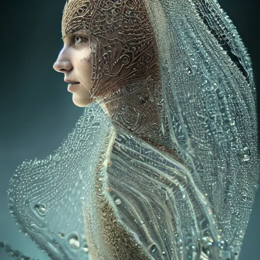 Image similar to full shot of a regal brown woman wearing an intricate and detailed armor made of thousands of dew drops. refracted light. reflections. morning dew.. delicate. translucent. no makeup!! haunting eyes. vulnerable. fragile. ethereal. refracted light. by louise dahl - wolfe. by michal karcz. octane render