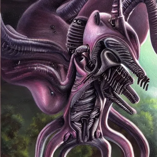 Prompt: detailed realistic painting of a my little pony that looks like a xenomorph, cute, in the style of h r giger and wayne barlowe