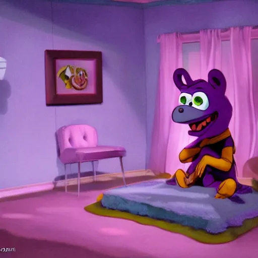 Prompt: still of an episode of barney, in a dim purple lit room, foggy, beautiful, melancholy, trending on artstation