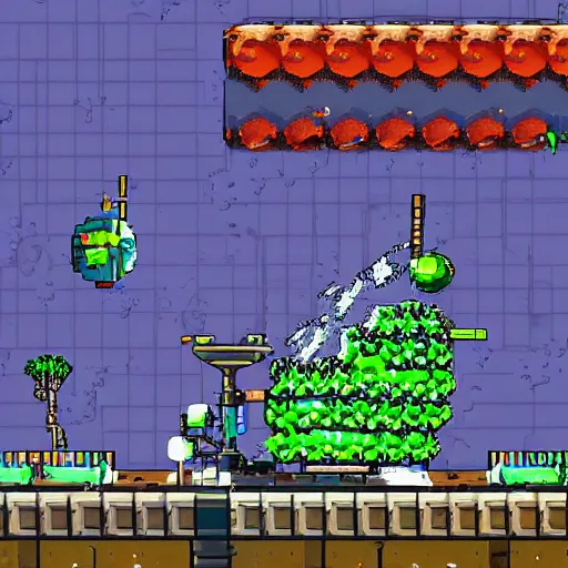 Image similar to hydroponics laboratory in the colony ship travelling to the outer worlds, incredible details :: 2d platformer game screenshot :: plant monster boss fight :: 16 bit pixel art