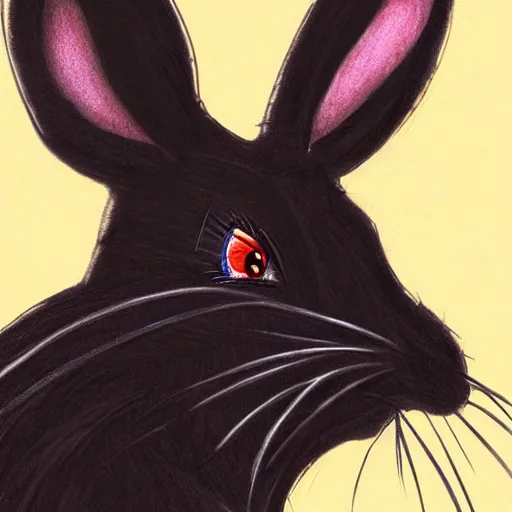 Image similar to A extremely highly detailed majestic hi-res beautiful, highly detailed head and shoulders portrait of a scary terrifying, horrifying, creepy black cartoon rabbit with scary big eyes, earing a shirt laughing, hey buddy, let's be friends, in the art style of Walt Disney