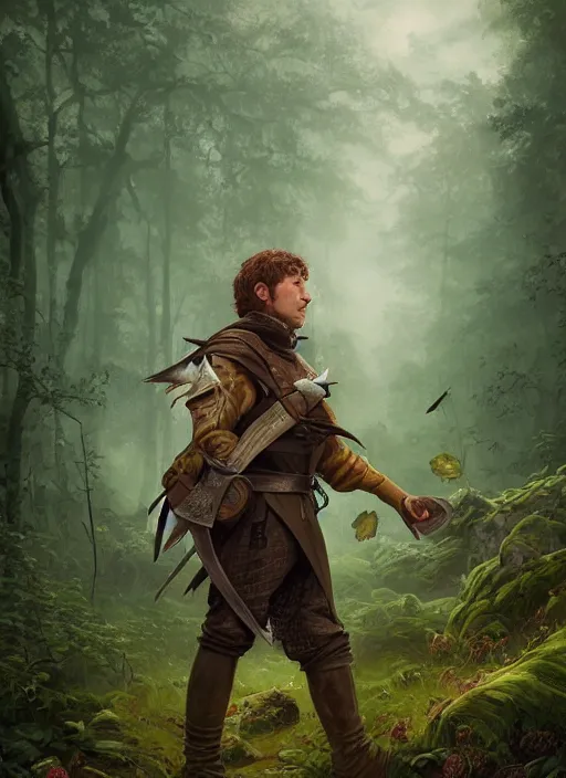 Image similar to a portrait painting of a grim fighter male hobbit wearing leather armor on a beautiful lush forest meadow, morning, art by Tristan Eaton, Stanley Artgerm, Tom Bagshaw, Greg Rutkowski, Carne Griffiths