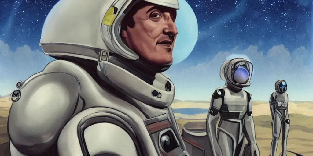 Prompt: a portrait of stallone in spacesuit on roof over field forrest spaceship station landing laying lake artillery outer worlds in FANTASTIC PLANET La planète sauvage animation by René Laloux