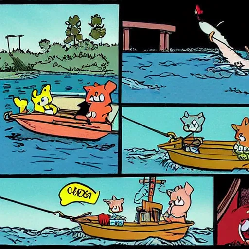 Image similar to cartoon cat fishing in a river while in a boat, cartoon network, illustrated by Bill Watterson in stunning color