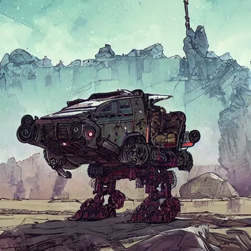 Image similar to alligator mech jeep concept borderland that looks like it is from Borderlands and by Feng Zhu and Loish and Laurie Greasley, Victo Ngai, Andreas Rocha, John Harris