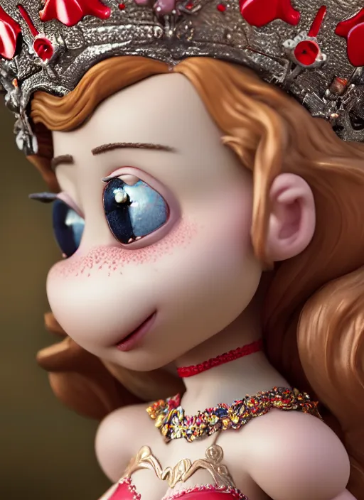 Image similar to highly detailed closeup, face profile portrait of a tin toy fairytale princess wearing a crown eating cakes, bikini, unreal engine, nicoletta ceccoli, mark ryden, earl norem, lostfish, global illumination, detailed and intricate environment