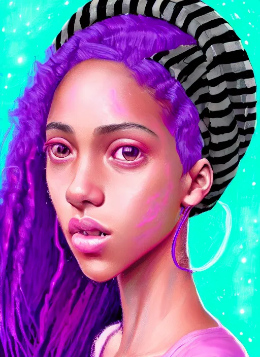 Image similar to portrait of teenage vanessa morgan with bright pink hair, black girl, curly pixie cut hair, wearing a purple breton cap, breton cap, hoop earrings, intricate, elegant, glowing lights, highly detailed, digital painting, artstation, concept art, smooth, sharp focus, illustration, art by wlop, mars ravelo and greg rutkowski